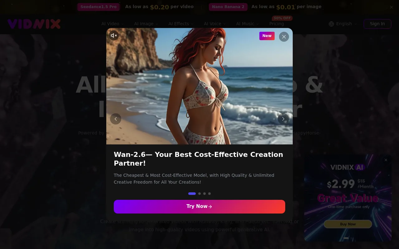 Náhled nástroje Vidnix | AI Image to Video Generator