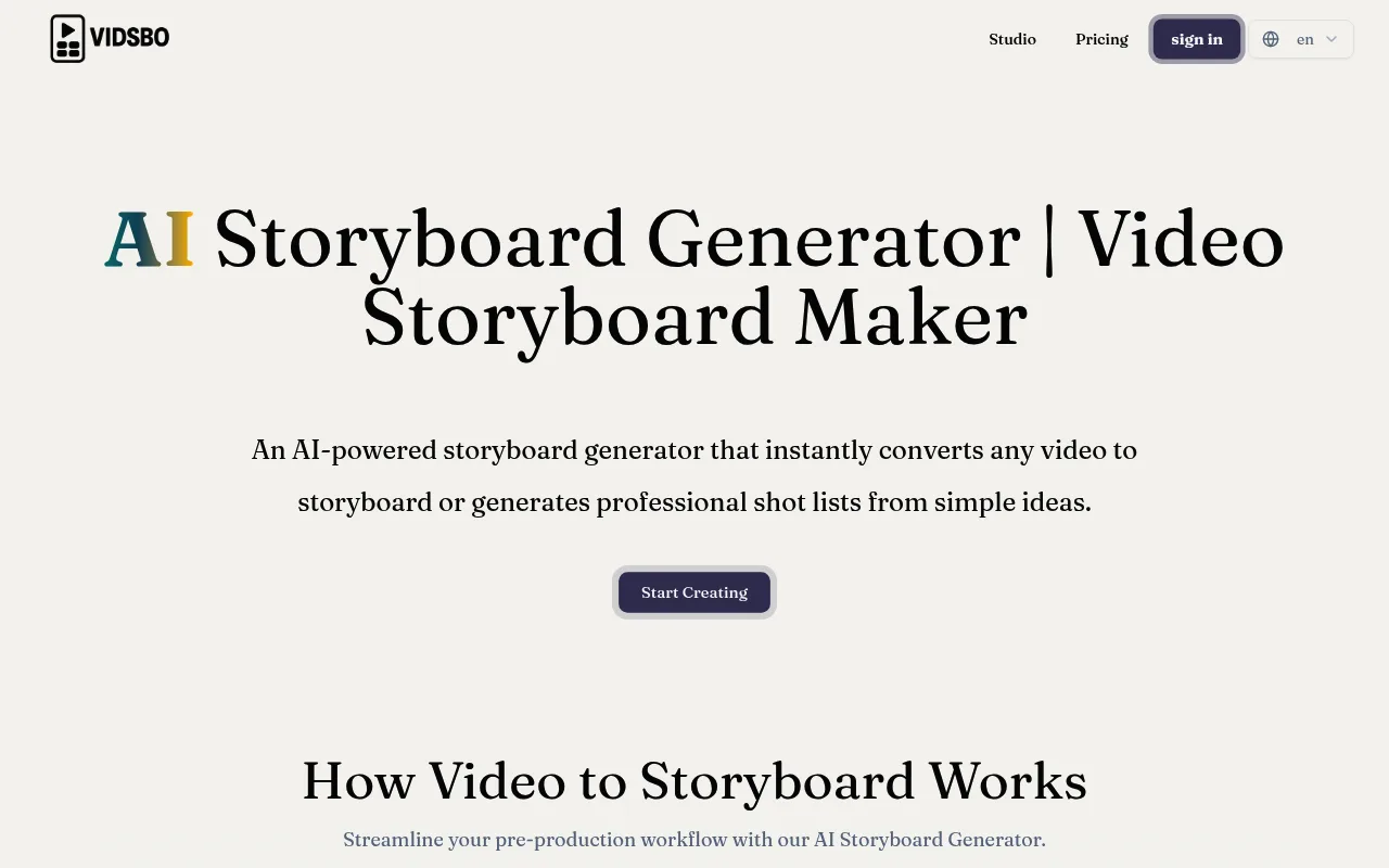 Náhled nástroje VidSbo - AI Storyboard Generator