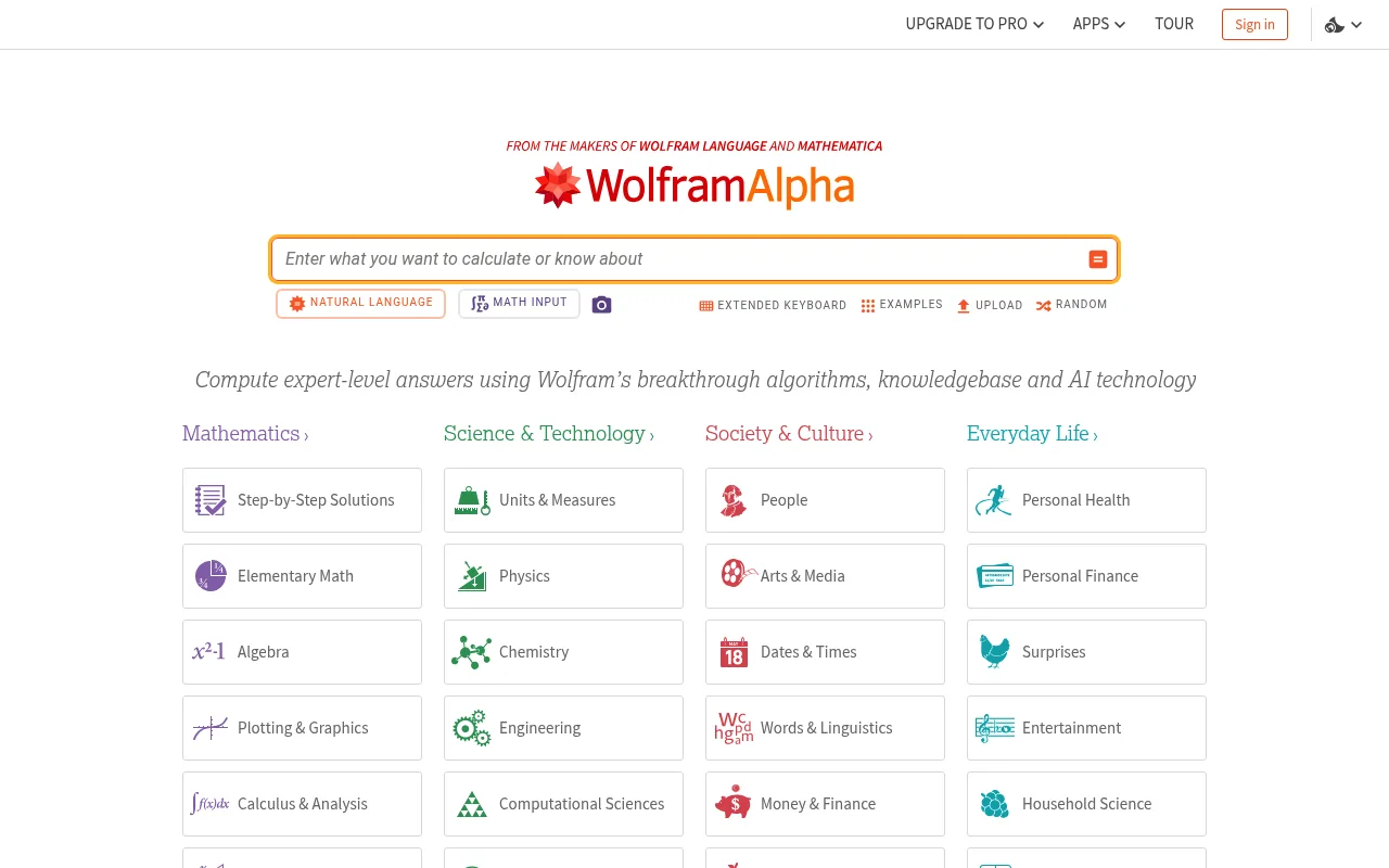 Náhled nástroje WolframAlpha