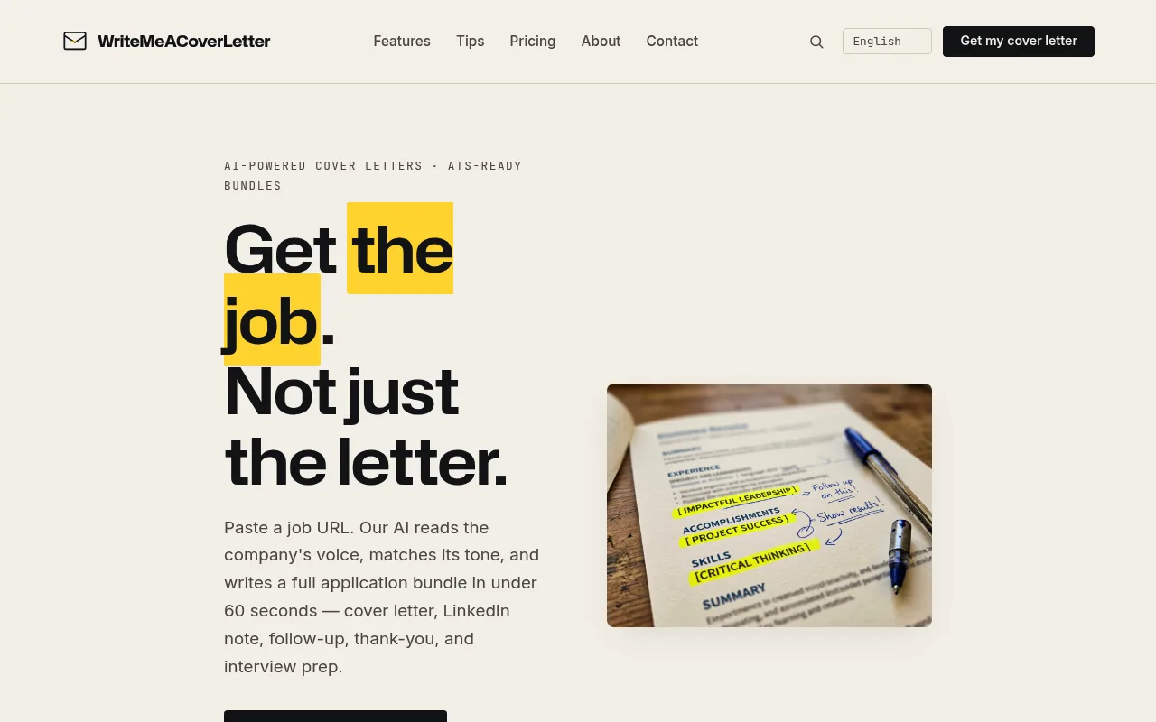 Náhled nástroje Write Me A Cover Letter