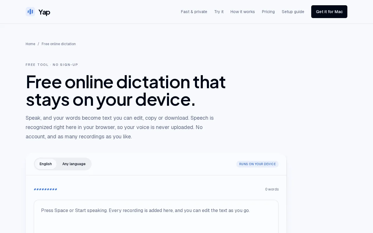 Náhled nástroje Yap Online Dictation