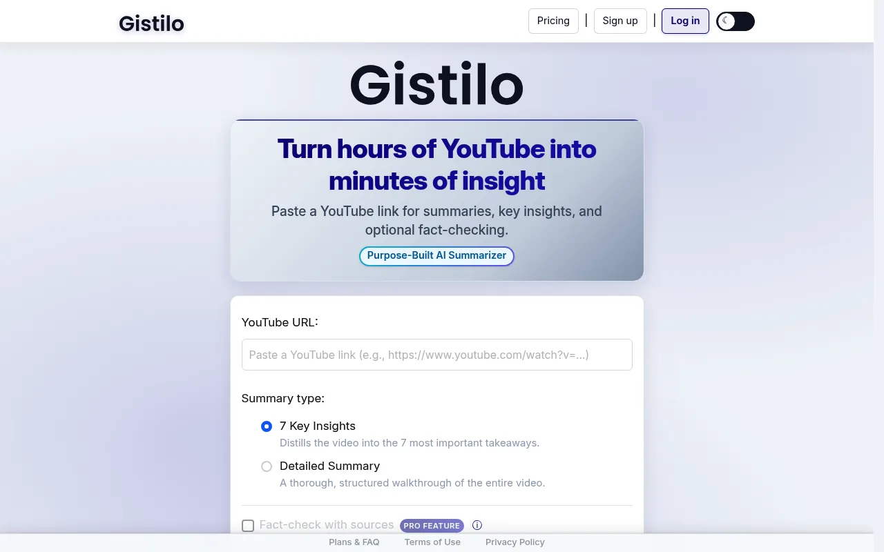 Náhled nástroje YouTube Summarizer by Gistilo